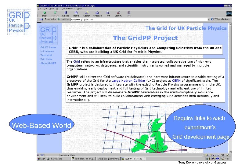 Web-Based World Require links to each experiment’s Grid development page Tony Doyle - University