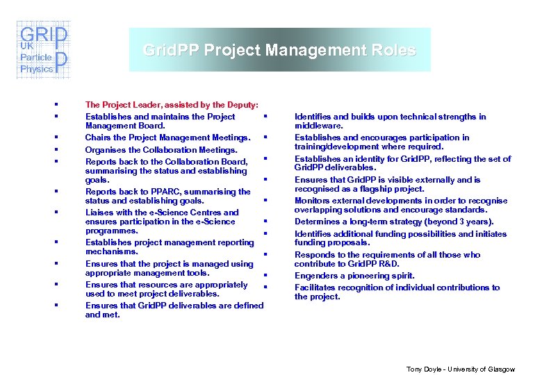 Grid. PP Project Management Roles § § § The Project Leader, assisted by the