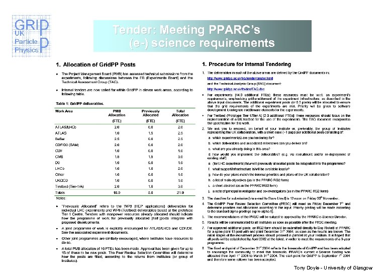 Tender: Meeting PPARC’s (e-) science requirements Tony Doyle - University of Glasgow 