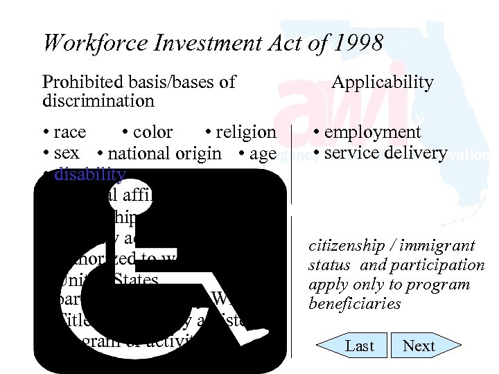 Workforce Investment Act of 1998 Prohibited basis/bases of discrimination • race • color •