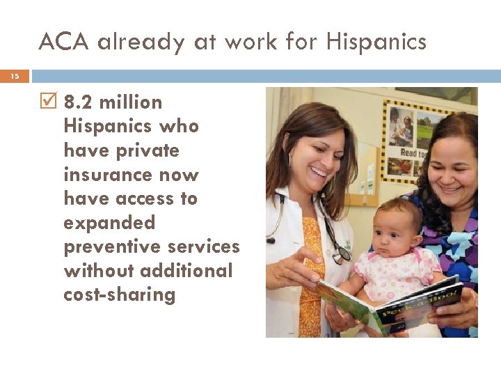 ACA already at work for Hispanics 15 8. 2 million Hispanics who have private