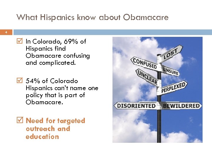 What Hispanics know about Obamacare 4 In Colorado, 69% of Hispanics find Obamacare confusing