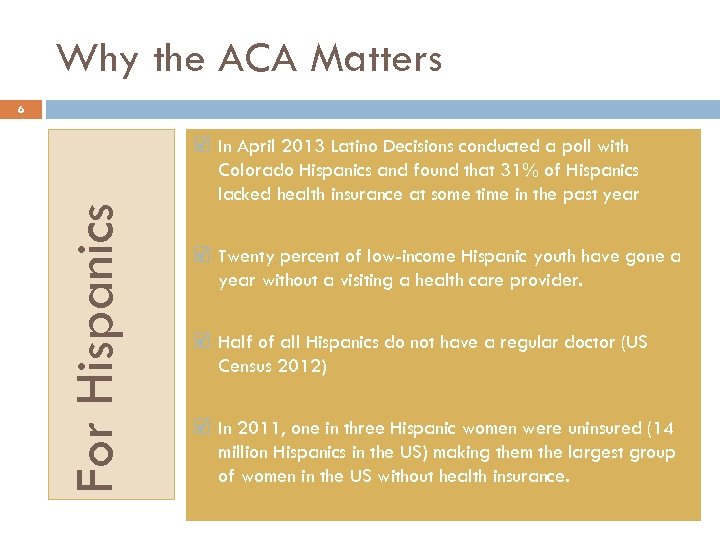 Why the ACA Matters For Hispanics 6 In April 2013 Latino Decisions conducted a