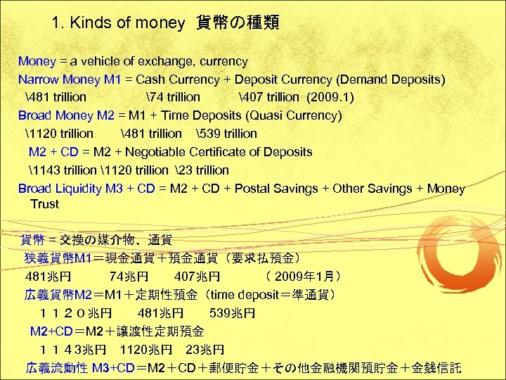 1. Kinds of money 貨幣の種類 Money = a vehicle of exchange, currency Narrow Money