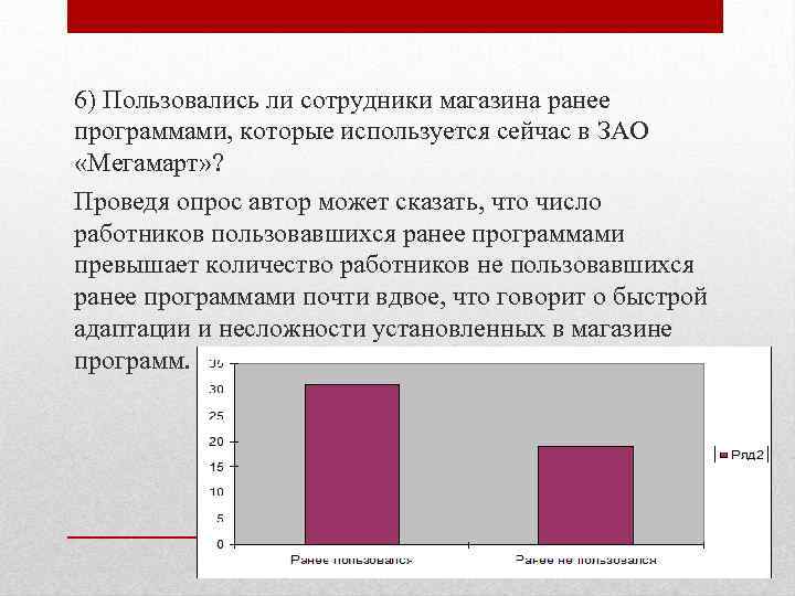 6) Пользовались ли сотрудники магазина ранее программами, которые используется сейчас в ЗАО «Мегамарт» ?