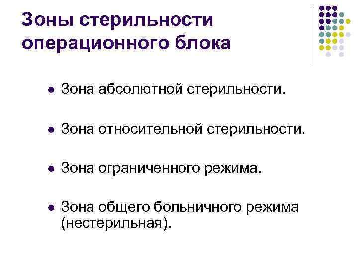 Зоны стерильности операционного блока l Зона абсолютной стерильности. l Зона относительной стерильности. l Зона