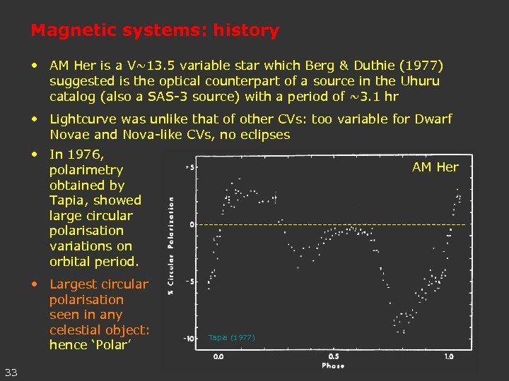 Magnetic systems: history • AM Her is a V~13. 5 variable star which Berg