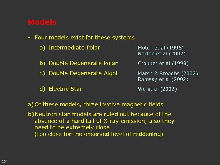 Models • Four models exist for these systems a) Intermediate Polar Motch et al