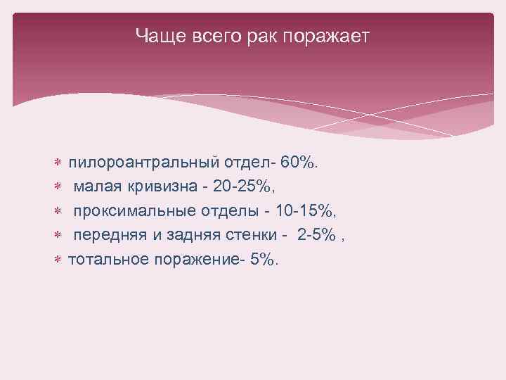 Чаще всего рак поражает пилороантральный отдел- 60%. малая кривизна - 20 -25%, проксимальные отделы