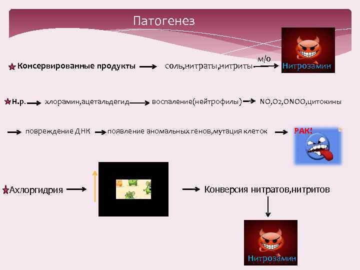 Патогенез - Консервированные продукты соль, нитраты, нитриты м/о Нитрозамин - H. p. хлорамин, ацетальдегид