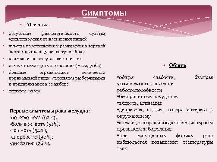 Симптомы Местные • отсутствие физиологического чувства удовлетворения от насыщения пищей • чувства переполнения и