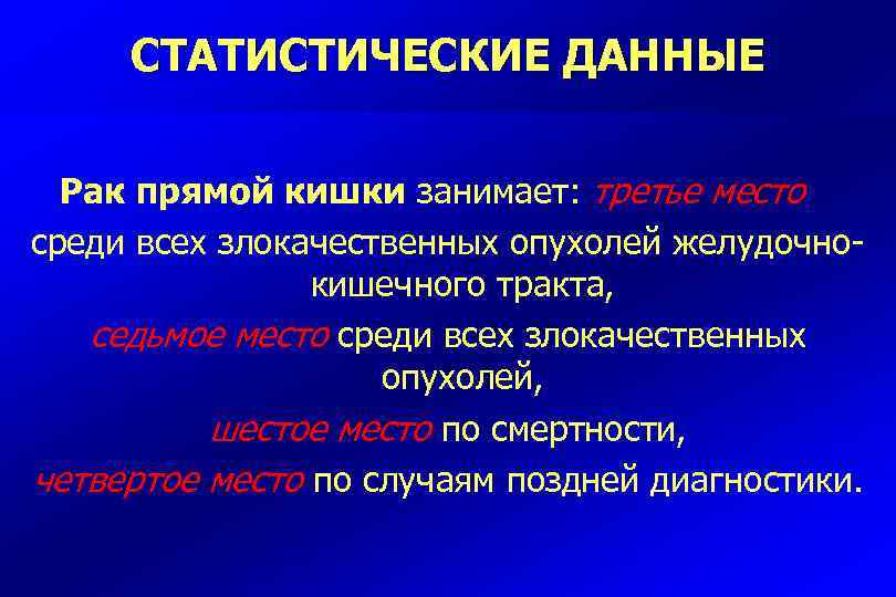 СТАТИСТИЧЕСКИЕ ДАННЫЕ Рак прямой кишки занимает: третье место среди всех злокачественных опухолей желудочнокишечного тракта,