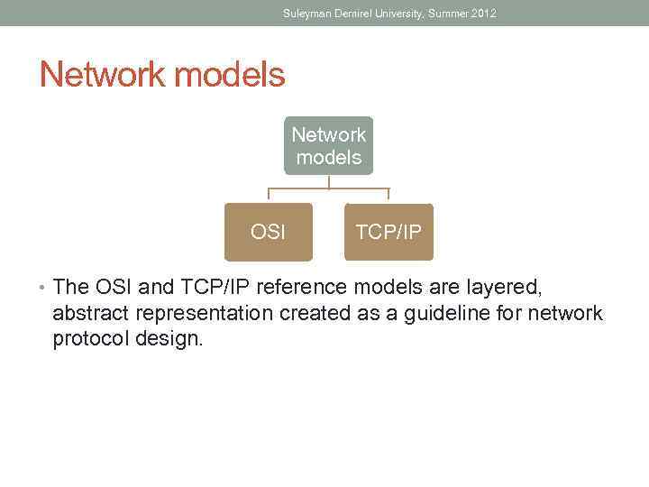 Suleyman Demirel University, Summer 2012 Network models OSI TCP/IP • The OSI and TCP/IP