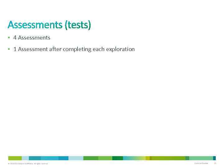  • 4 Assessments • 1 Assessment after completing each exploration © 2010 Cisco