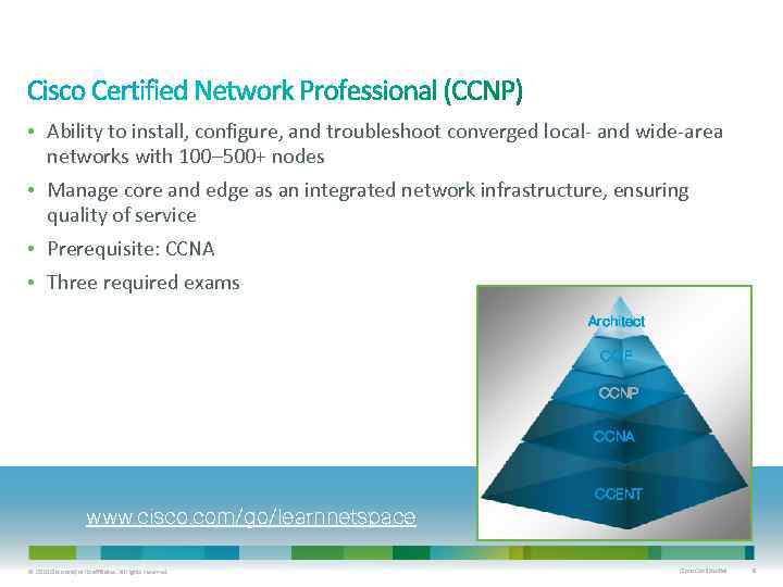  • Ability to install, configure, and troubleshoot converged local- and wide-area networks with