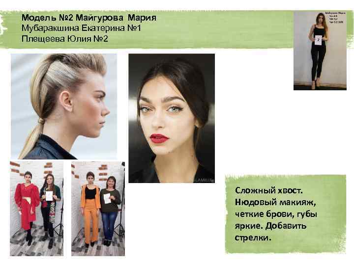 Модель № 2 Майгурова Мария Мубаракшина Екатерина № 1 Плещеева Юлия № 2 Сложный