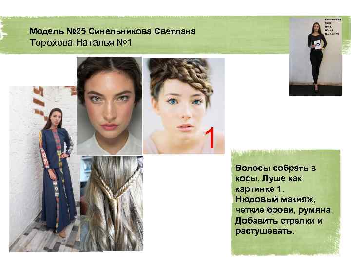Модель № 25 Синельникова Светлана Торохова Наталья № 1 1 Волосы собрать в косы.