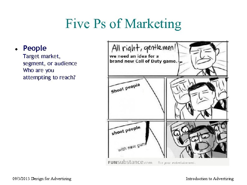 Five Ps of Marketing People Target market, segment, or audience Who are you attempting