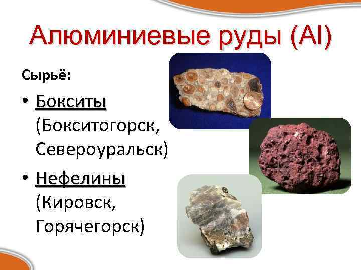Алюминиевые руды (Al) Сырьё: • Бокситы (Бокситогорск, Североуральск) • Нефелины (Кировск, Горячегорск) 