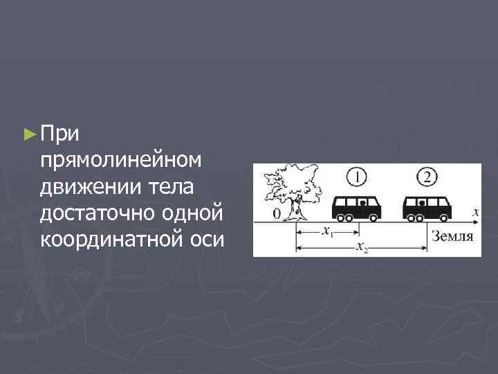 ► При прямолинейном движении тела достаточно одной координатной оси 