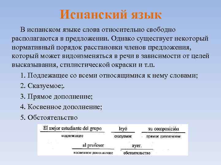 Испанский язык В испанском языке слова относительно свободно располагаются в предложении. Однако существует некоторый