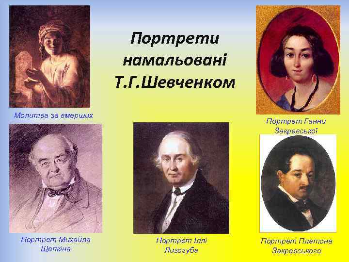 Портрети намальовані Т. Г. Шевченком Молитва за вмерших Портрет Михайла Щепкіна Портрет Ганни Закревської