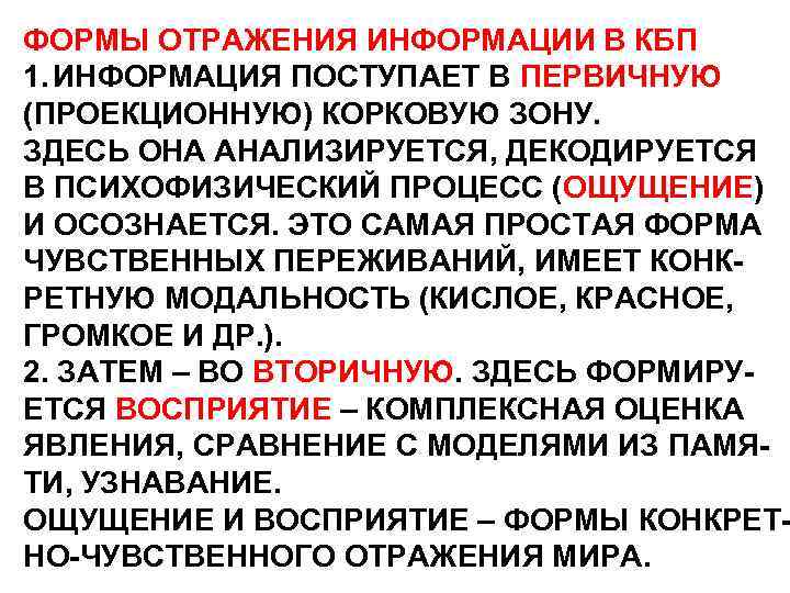 ФОРМЫ ОТРАЖЕНИЯ ИНФОРМАЦИИ В КБП 1. ИНФОРМАЦИЯ ПОСТУПАЕТ В ПЕРВИЧНУЮ (ПРОЕКЦИОННУЮ) КОРКОВУЮ ЗОНУ. ЗДЕСЬ