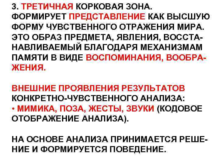 3. ТРЕТИЧНАЯ КОРКОВАЯ ЗОНА. ФОРМИРУЕТ ПРЕДСТАВЛЕНИЕ КАК ВЫСШУЮ ФОРМУ ЧУВСТВЕННОГО ОТРАЖЕНИЯ МИРА. ЭТО ОБРАЗ