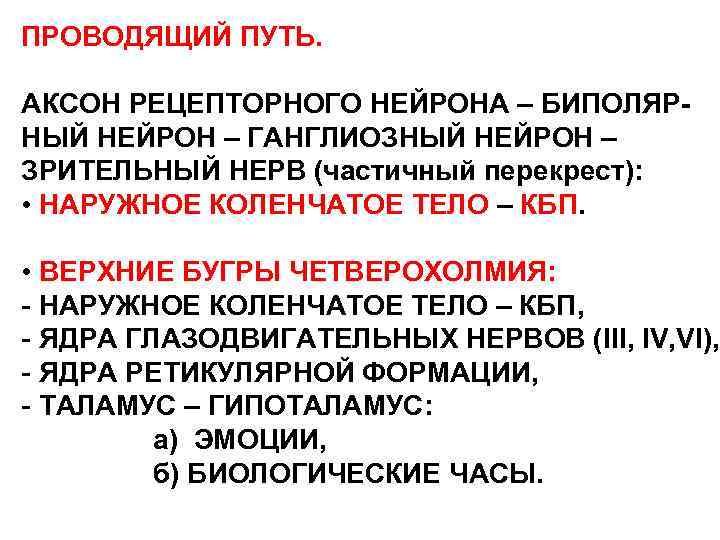 ПРОВОДЯЩИЙ ПУТЬ. АКСОН РЕЦЕПТОРНОГО НЕЙРОНА – БИПОЛЯРНЫЙ НЕЙРОН – ГАНГЛИОЗНЫЙ НЕЙРОН – ЗРИТЕЛЬНЫЙ НЕРВ