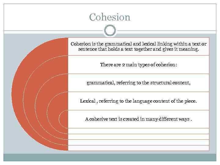 Cohesion is the grammatical and lexical linking within a text or sentence that holds