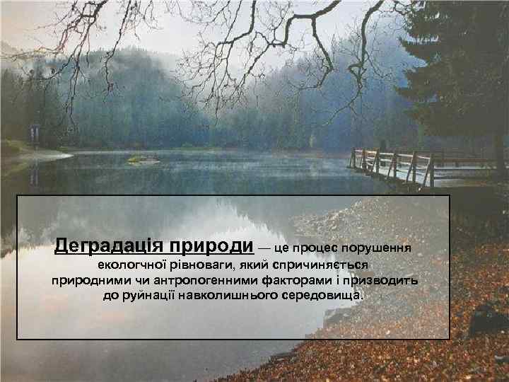 Деградація природи — це процес порушення екологчної рівноваги, який спричиняється природними чи антропогенними факторами