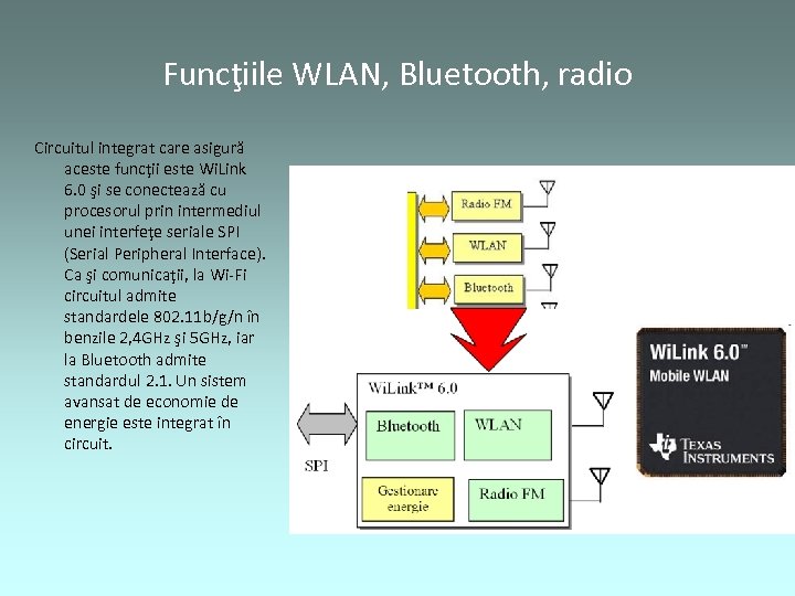 Funcţiile WLAN, Bluetooth, radio Circuitul integrat care asigură aceste funcţii este Wi. Link 6.