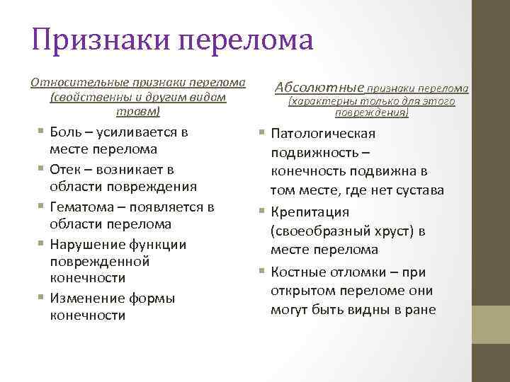 Признаки перелома Относительные признаки перелома (свойственны и другим видам травм) § Боль – усиливается