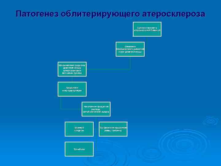 Патогенез облитерирующего атеросклероза Сужение просвета атероматозной бляшкой Снижение перфузионного давления ниже уровня стеноза Исчезновение