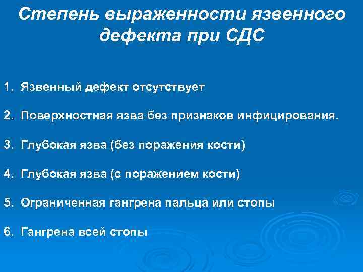 Степень выраженности язвенного дефекта при СДС 1. Язвенный дефект отсутствует 2. Поверхностная язва без