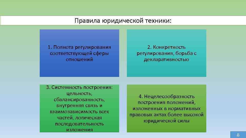 Правила юридической техники: 1. Полнота регулирования соответствующей сферы отношений 2. Конкретность регулирования, борьба с