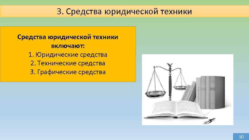 3. Средства юридической техники включают: 1. Юридические средства 2. Технические средства 3. Графические средства