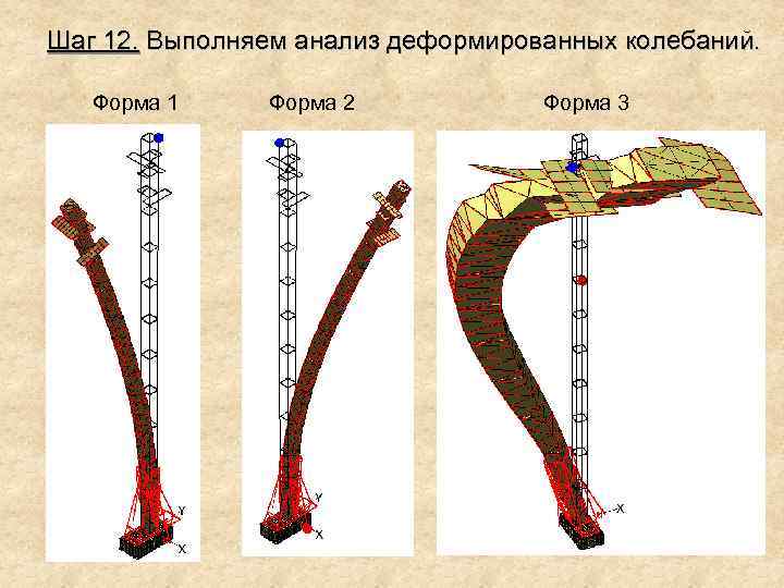 Шаг 12. Выполняем анализ деформированных колебаний. Форма 1 Форма 2 Форма 3 