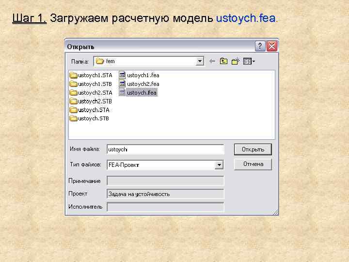 Шаг 1. Загружаем расчетную модель ustoych. fea. 