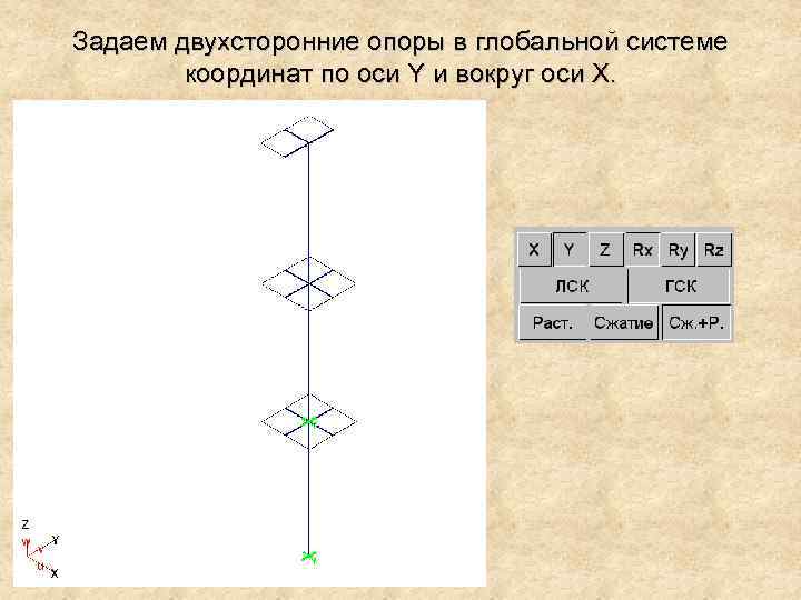 Задаем двухсторонние опоры в глобальной системе координат по оси Y и вокруг оси X.