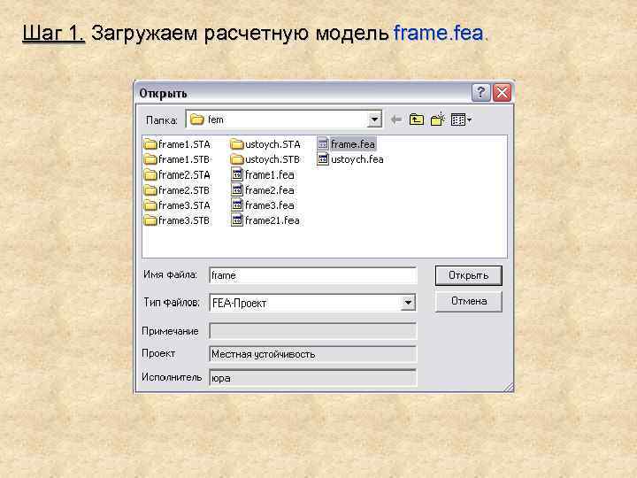 Шаг 1. Загружаем расчетную модель frame. fea. 