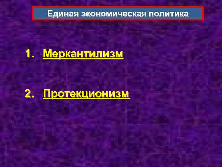 Единая экономическая политика 1. Меркантилизм 2. Протекционизм 