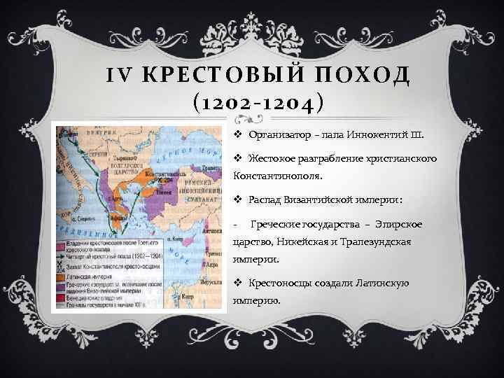 IV КРЕСТОВЫЙ ПОХОД (1202 -1204) v Организатор – папа Иннокентий III. v Жестокое разграбление