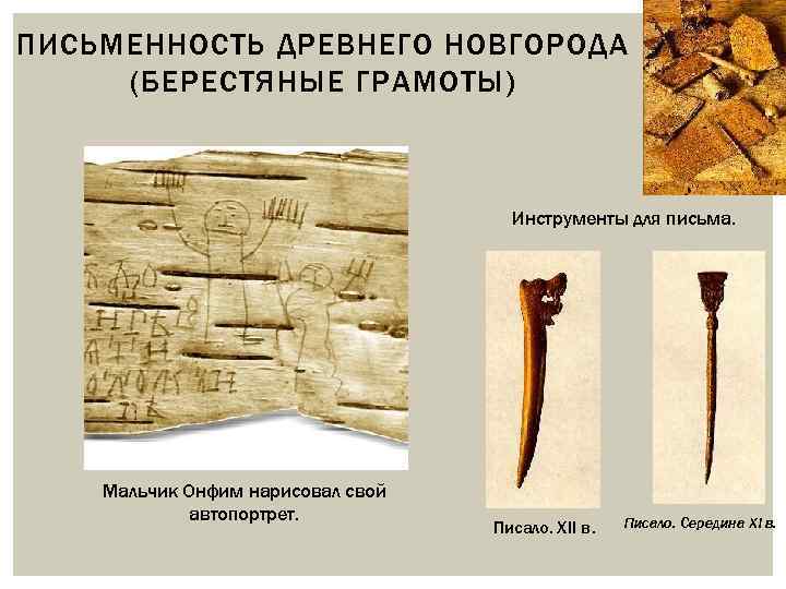 ПИСЬМЕННОСТЬ ДРЕВНЕГО НОВГОРОДА (БЕРЕСТЯНЫЕ ГРАМОТЫ) Инструменты для письма. Мальчик Онфим нарисовал свой автопортрет. Писало.