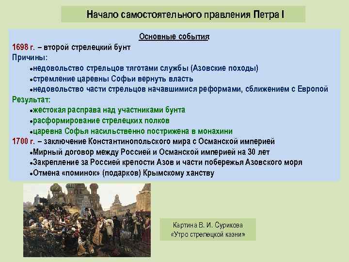 Начало самостоятельного правления Петра I Основные события: 1698 г. – второй стрелецкий бунт Причины: