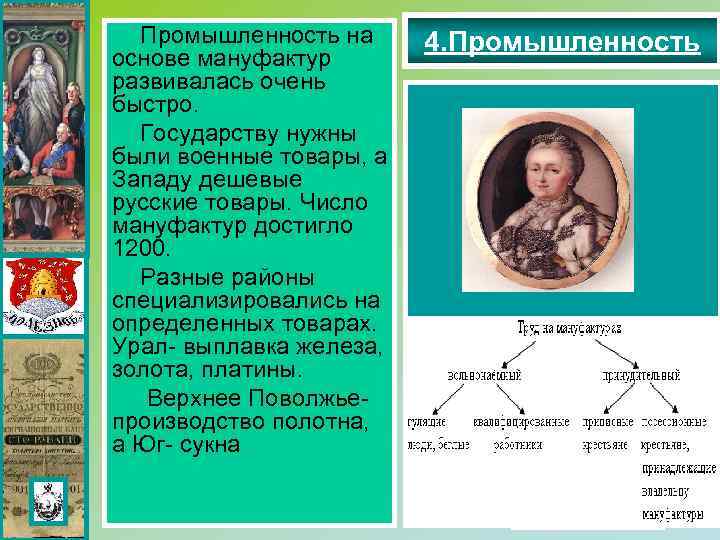 Промышленность на основе мануфактур развивалась очень быстро. Государству нужны были военные товары, а Западу