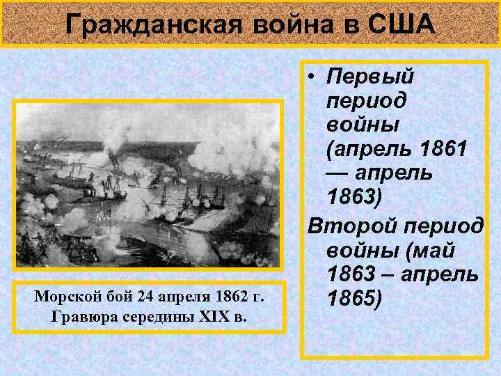 Гражданская война в США Морской бой 24 апреля 1862 г. Гравюра середины XIX в.