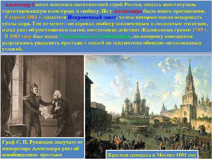 Александр I хотел изменить политический строй России, создать конституцию, гарантировавшую всем права и