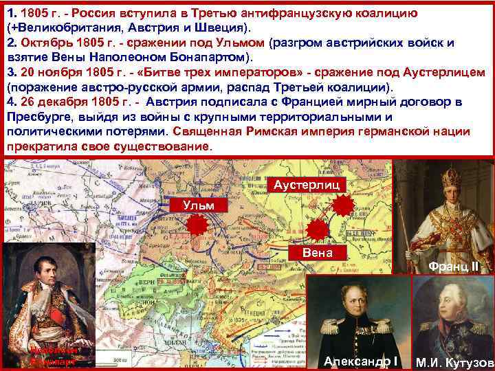 1. 1805 г. - Россия вступила в Третью антифранцузскую коалицию (+Великобритания, Австрия и Швеция).