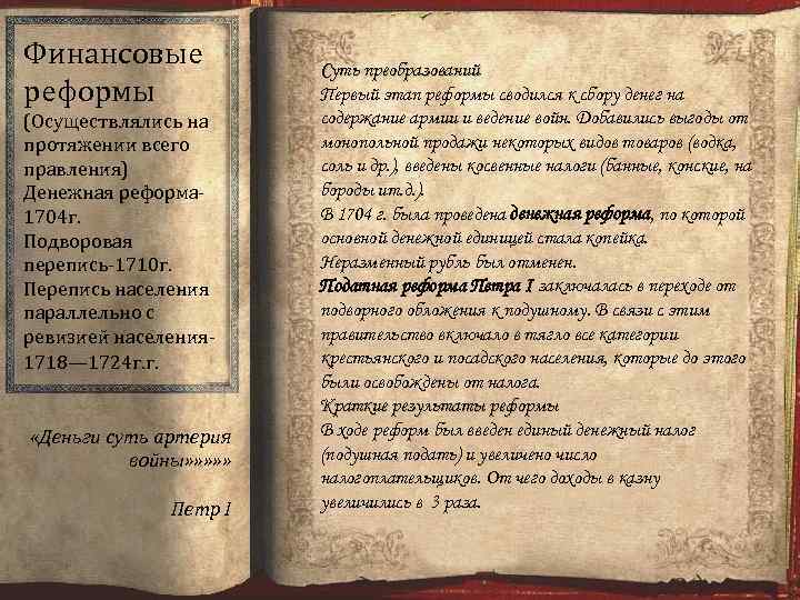 Финансовые реформы (Осуществлялись на протяжении всего правления) Денежная реформа 1704 г. Подворовая перепись-1710 г.